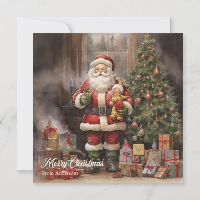 Retro illustration Santa Claus and Christmas tree Holiday Card (Front)