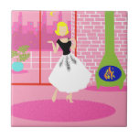 Retro In the Pink Ceramic Tile<br><div class="desc">This Retro In the Pink Ceramic Tile looks like a scene out of a 1960's romantic comedy. The minimalist design shows a sophisticated woman in her ultra kitschy and ultra pink, penthouse apartment. The room features a pink brick wall with white grout lines. In front of the wall, there is...</div>