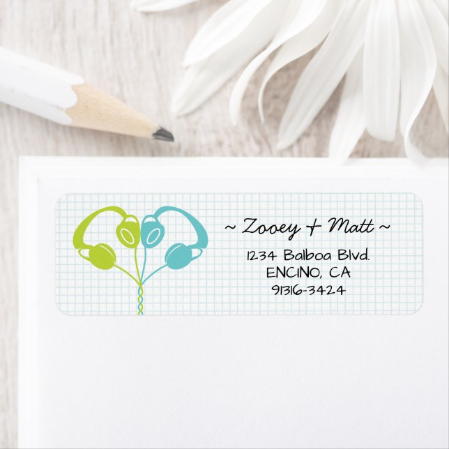 Retro Indie Headphones Heart Wedding Lime Blue (Insitu)