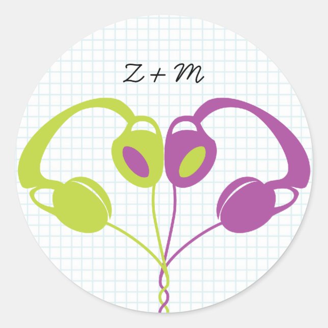 Retro Indie Headphones Heart Wedding (Purple/Lime) Classic Round Sticker (Front)
