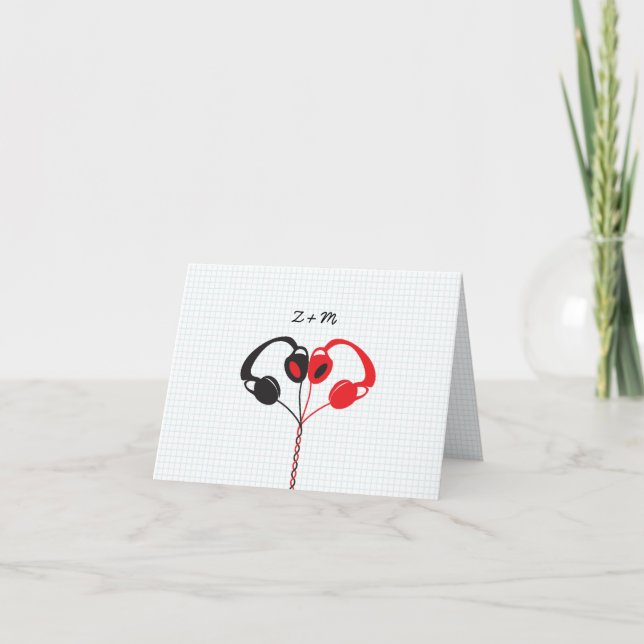 Retro Indie Headphones Heart Wedding Red and Black Thank You Card (Front)