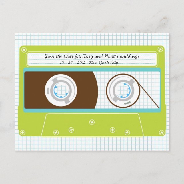 Retro Indie Mixtape Wedding Blue / Lime Green Announcement Postcard (Front)