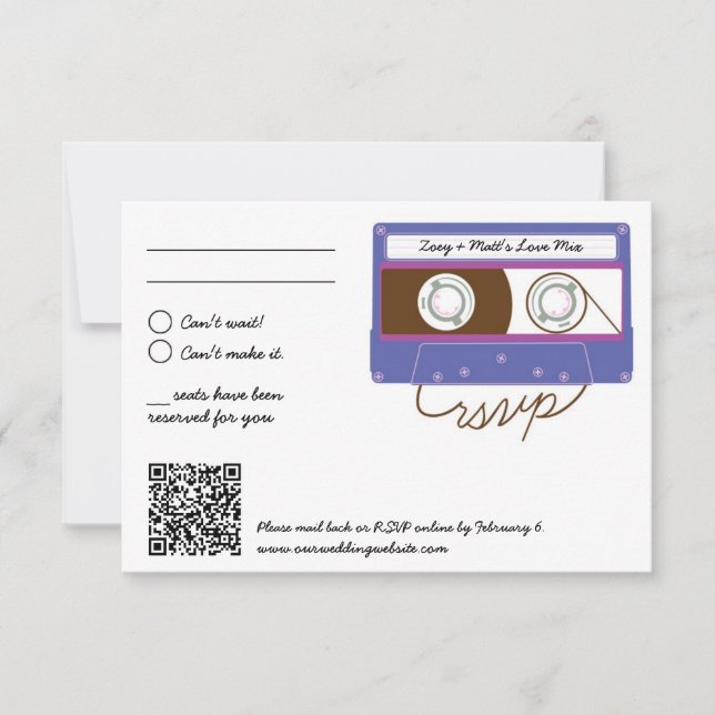 Retro Indie Mixtape Wedding Purple & Indigo RSVP Card (Front)