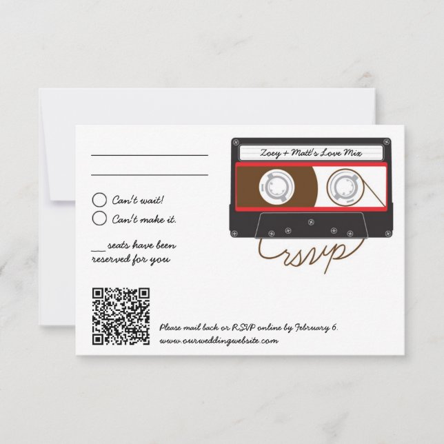 Retro Indie Mixtape Wedding Red, Black & White RSVP Card (Front)