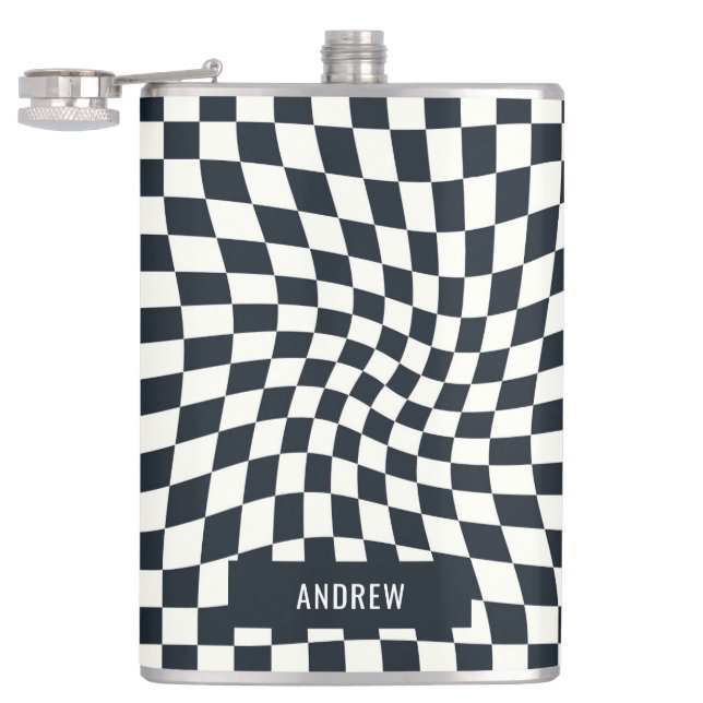 Retro Indigo White Chequered Personalised Hip Flask (Opened)