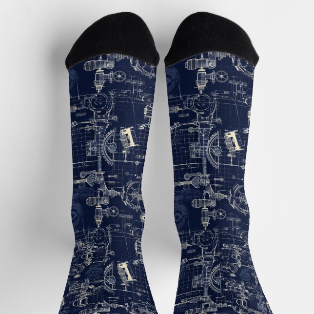 Retro Industrial Blue print Engineering Socks (Top)