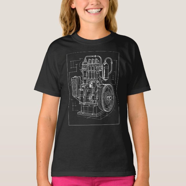 Retro Industrial Engine Blueprint T-Shirt (Front)