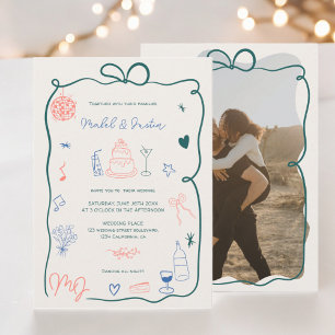 Retro initials ribbon illustrated photo wedding invitation