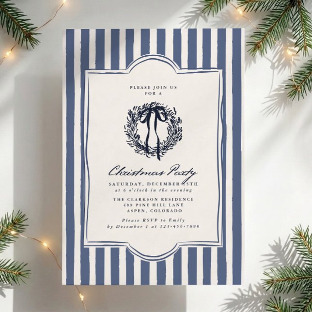 Retro Inspired Blue Striped Christmas Party  Invitation (Creator Uploaded)