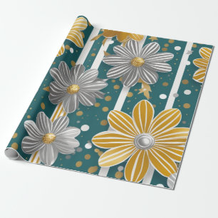 Retro-inspired golden flowers silver stars polka wrapping paper