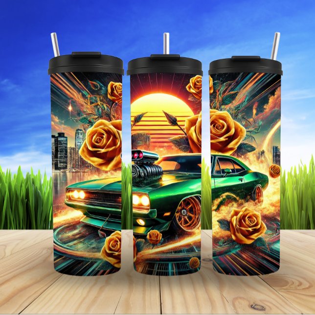 Retro-Inspired Muscle Car with Vibrant Floral Art Thermal Tumbler (Creator Uploaded)