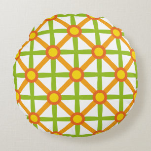 Retro Inspired Orange Green & Yellow Pattern Round Cushion