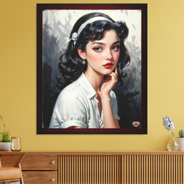 Retro Inspired Portrait of Thoughtful Young Woman Canvas Print (Insitu(LivingRoom))