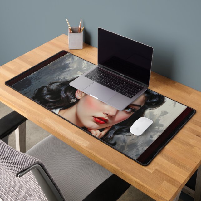 Retro Inspired Portrait of Thoughtful Young Woman Desk Mat (Office 2)