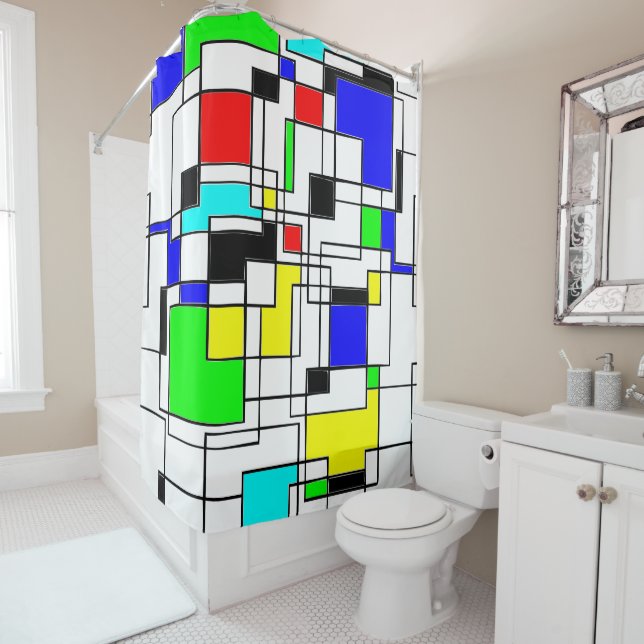 Retro Inspired Squares And Lines Shower Curtain (In Situ)