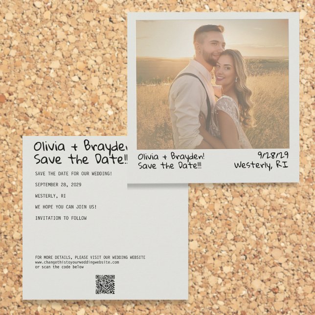 Retro Instant Camera Photo Save the Date with QR (Square instant camera style save the date with a retro filter, all the details and a QR code. )