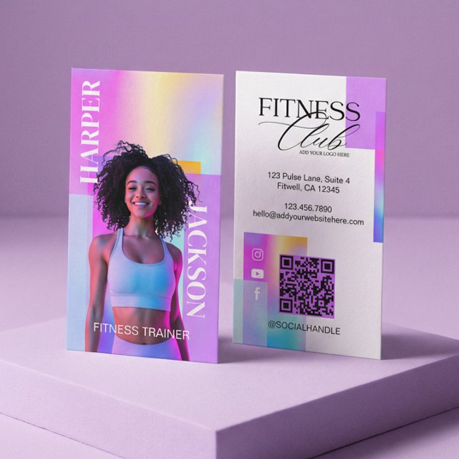 Retro Iridescent Holographic Fitness Trainer Photo Business Card (Retro Iridescent Holographic Fitness Trainer Photo Business Card)
