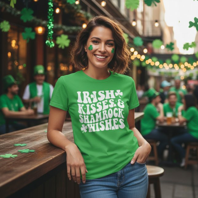 Retro Irish Kisses & Shamrock Wishes Green & White T-Shirt (Retro Irish Kisses & Shamrock Wishes Green & White T-Shirt)
