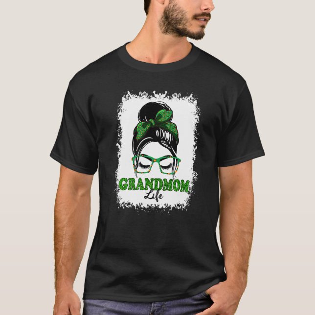 Retro Irish Messy Bun Grandmom Life Shamrock Patri T-Shirt (Front)