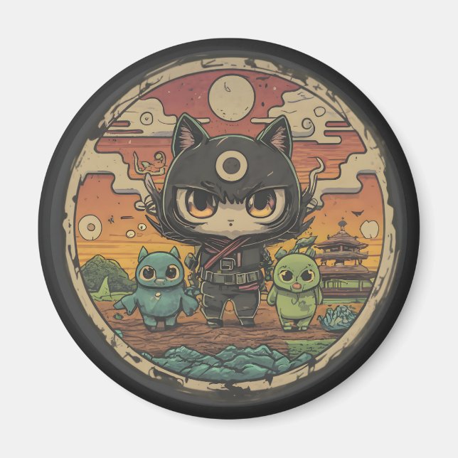 Retro Island Pals: Ninja Cat Crew Magnet (Front)