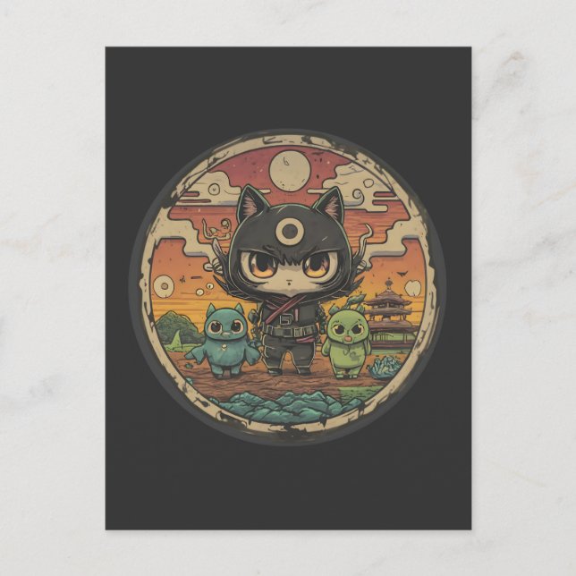 Retro Island Pals: Ninja Cat Crew Postcard (Front)