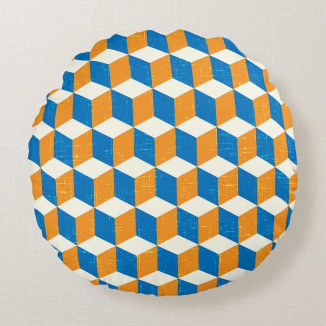 Retro isometric cubes, geometric illusion round cushion (Front)
