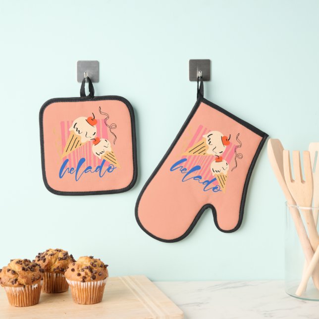 Retro Italian Ice Cream Cones Oven Mitt & Pot Holder Set (Insitu(Hanging))