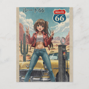 Retro Japanese Anime Girl on Route 66 Vintage Post Holiday Postcard
