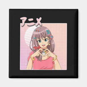 Retro Japanese Anime Girl Vaporwave Aesthetic Pink Magnet