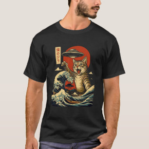 Retro Japanese Cat Kaiju UFO Wave Art T-Shirt