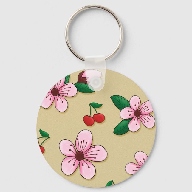 Retro Japanese Cherry Blossom Keycain Key Ring (Front)