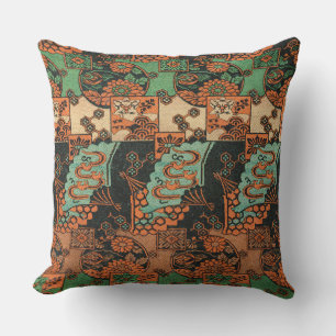 Retro Japanese Chrysanthemum & Wave Motif Cushion