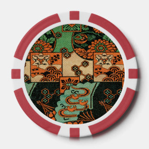 Retro Japanese Chrysanthemum & Wave Motif Poker Chips