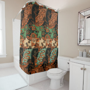 Retro Japanese Chrysanthemum & Wave Motif Shower Curtain