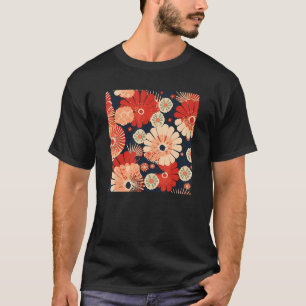 Retro Japanese Flower Woodblock Abstract Floral Pa T-Shirt