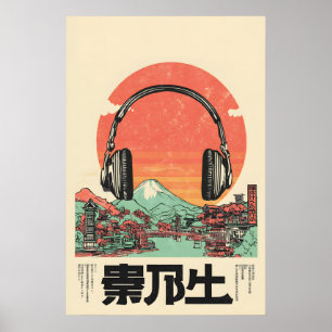 Retro Japanese Headphone Art Print - Vintage Mount