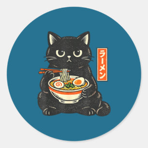 Retro japanese kawaii ramen cat eating noodles classic round sticker