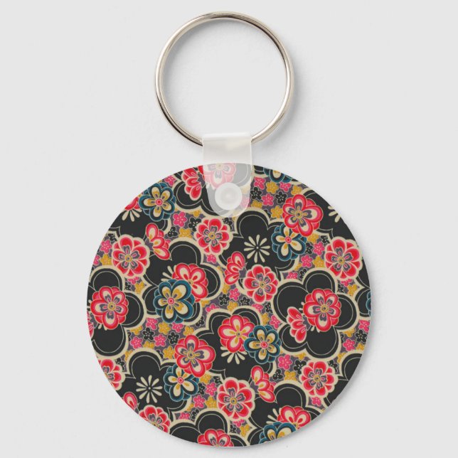 Retro Japanese Kimono Origami SakuraFlower Pattern Key Ring (Front)