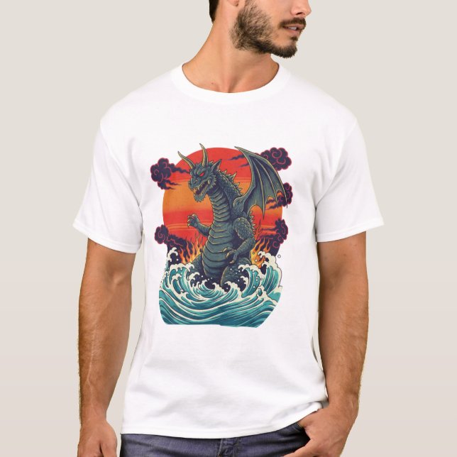 Retro Japanese Monster Great Wave Sunset T-Shirt (Front)