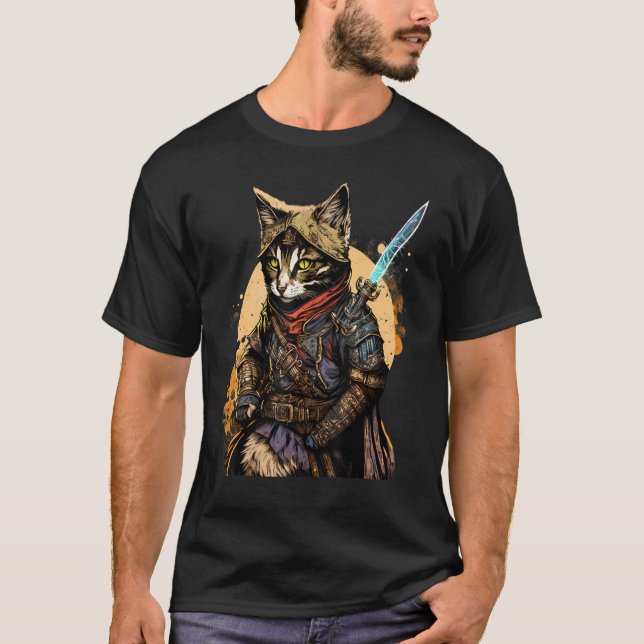 Retro Japanese Samurai Cat Bushido Warrior Sword V T-Shirt (Front)