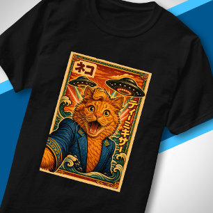 Retro Japanese UFO Alien Funny Cute Cat Portrait T-Shirt