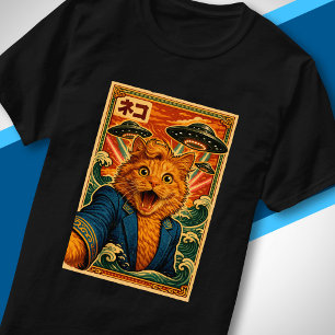 Retro Japanese UFO Cat Portrait Alien Encounter T-Shirt