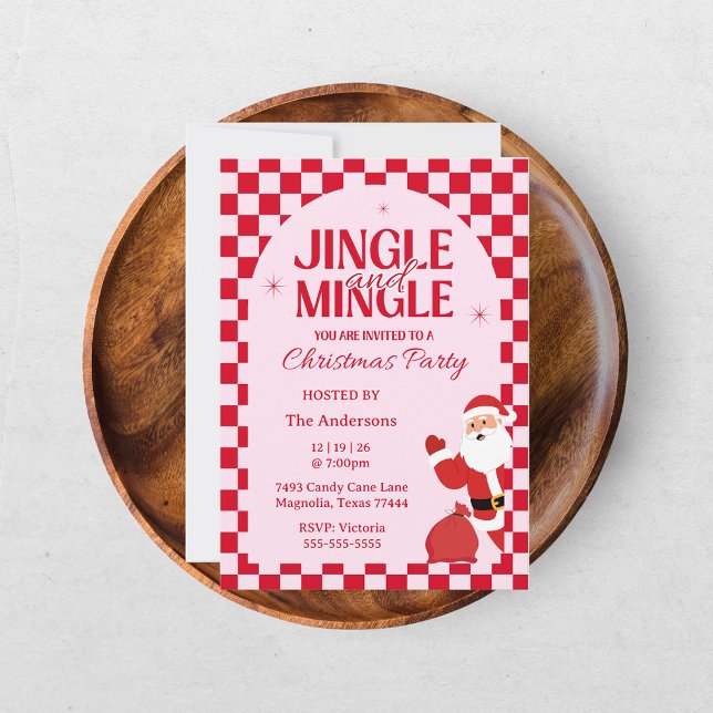 Retro Jingle And Mingle Christmas Chequerboard Red Invitation (Creator Uploaded)