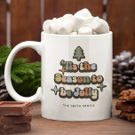 Retro Jolly Christmas Family Name Coffee Mug<br><div class="desc">This holiday season, soak up the cheer with our custom Retro Christmas Mugs. Adorned with the timeless saying 'tis the season to be jolly', this piece features a nostalgic font that takes you on a trip down the memory lane. Complete with a Christmas tree, twinkling stars and your family name...</div>