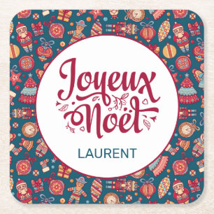 Retro Joyeux Noel Personalised Square Paper Coaster