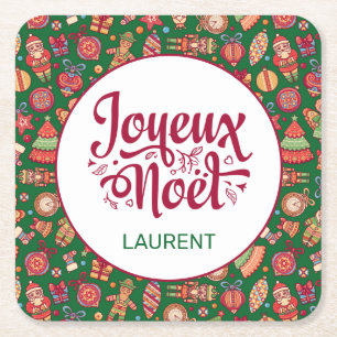 Retro Joyeux Noel Personalised Square Paper Coaster