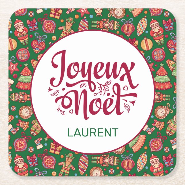 Retro Joyeux Noel Personalised Square Paper Coaster (Front)
