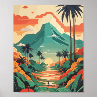 Retro Jungel Illustration Green Red Poster