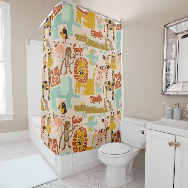 Retro Jungle Animals Cute Patterned Shower Curtain (In Situ)