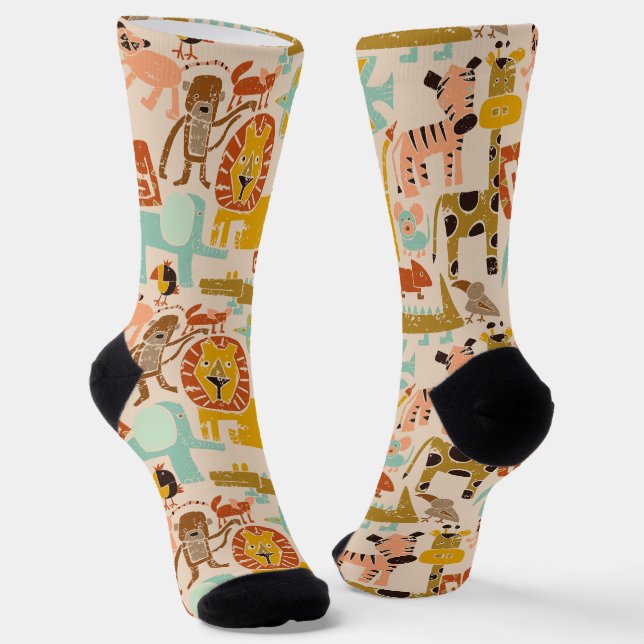 Retro Jungle Animals Cute Patterned Socks (Angled)